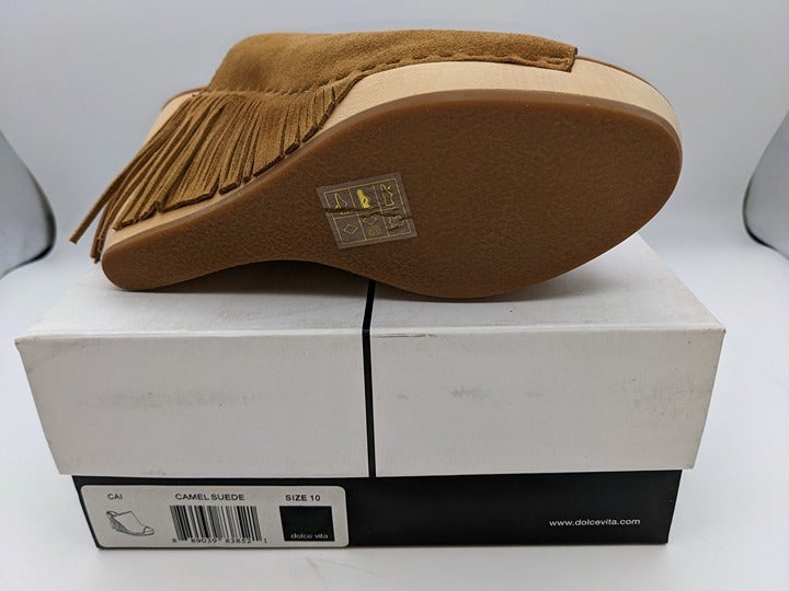 DOLCE VITA Cai Camel Suede Goring Fringed Wedge Slip On Leather Sandals 10 M