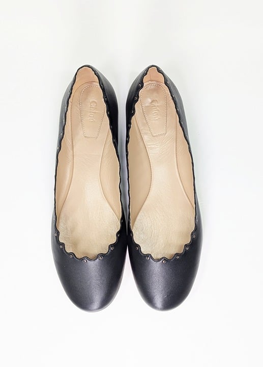Chloe Women's Lauren Ballet Flats Black Scallop Leather Size 38.5 (MSRP $595)