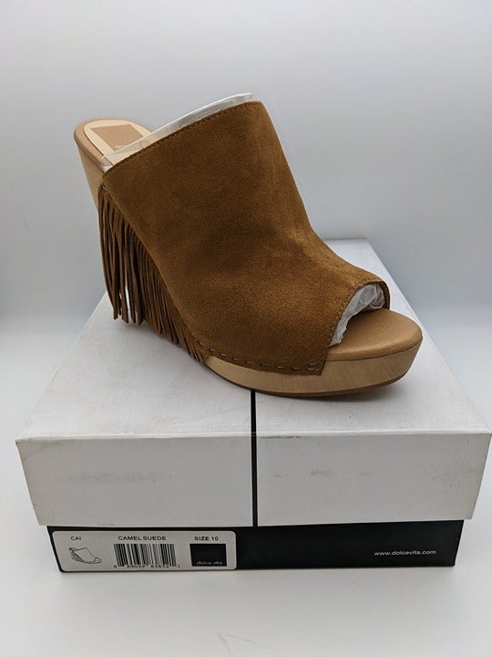DOLCE VITA Cai Camel Suede Goring Fringed Wedge Slip On Leather Sandals 10 M