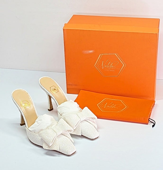 Nalebe Women's Dimante White Glitter High Heel Mules Size 38.5 IT (MSRP $750)