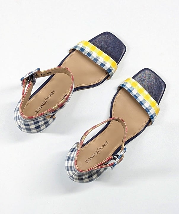 Donald Pliner Women's Watson Gingham-Print Leather Heel Sandal Size 9 MSRP $198