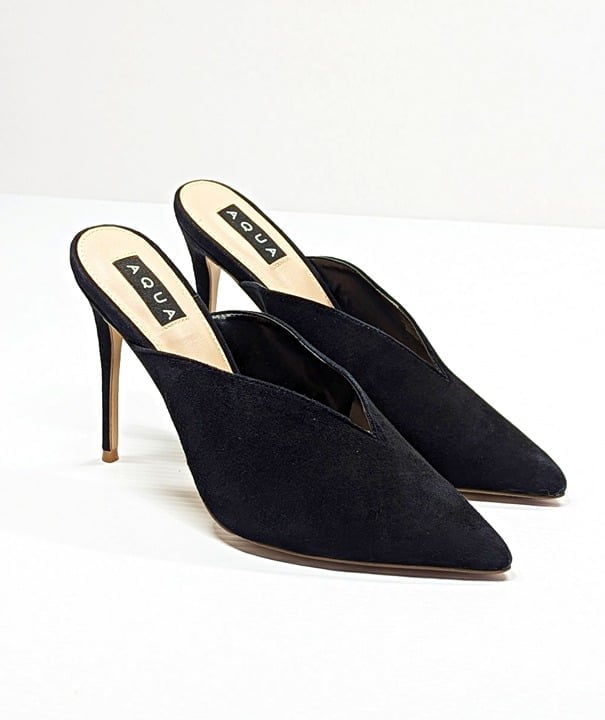 Aqua Women's Flare Mules Suede Pointed Toe High-Heel Black Size 9 (MSRP $99)