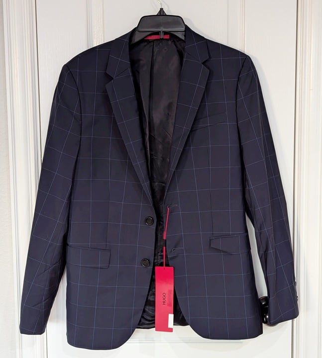 Hugo Boss Men's Dark Navy Windowpane Suit Jacket Size 34R (MSRP $445)