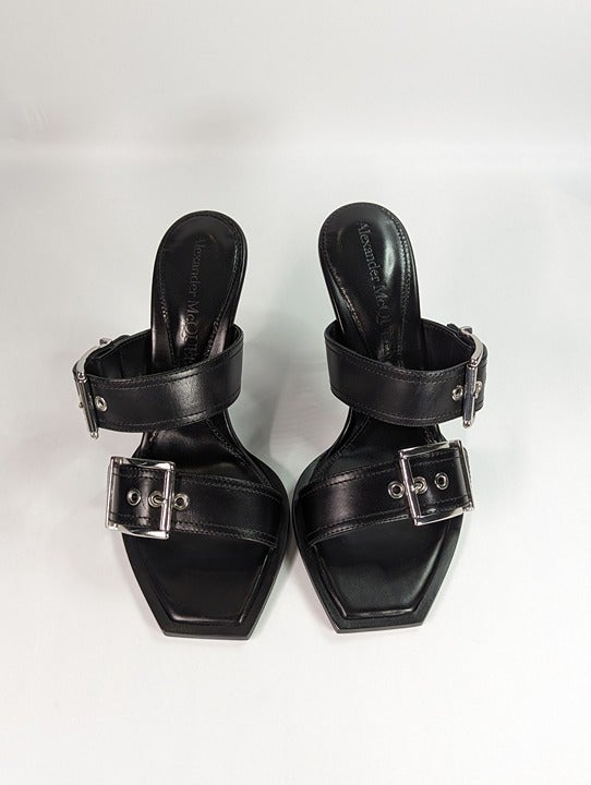 Alexander McQueen Women's Heeled Buckle Black Sandals Size 37 (MSRP $1,090)