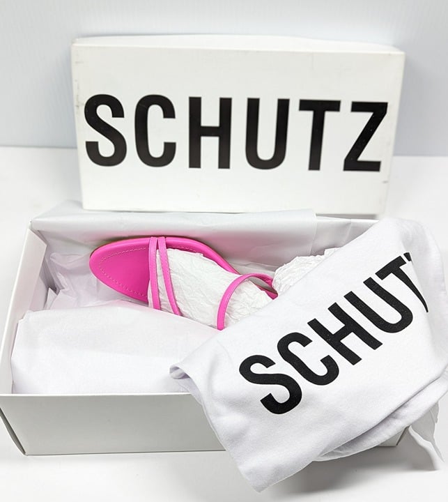 Schutz Women's Evenise Neon Pink Kitten Heel Sandals Size 8 B (MSRP $160)
