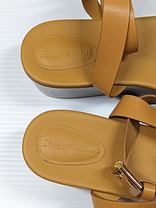 See by Chloé Women's Chany Logo Tan Wedge Platform Sandals Size 37 (MSRP $495)