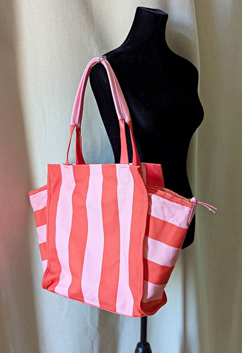 On 34th Cynthiah Extra Large Canvas Shoulder Tote Bag Pink Stripe (MSRP $90)