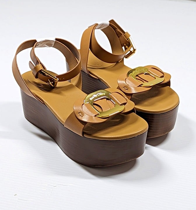 See by Chloé Women's Chany Logo Tan Wedge Platform Sandals Size 37 (MSRP $495)