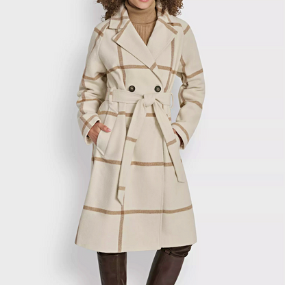 DKNY Women's Plaid Maxi Belted Notch Collar Coat Size M (MSRP $350)