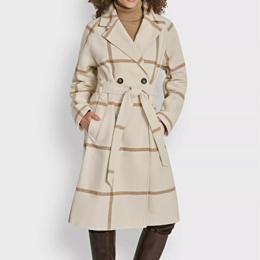 DKNY Women's Plaid Maxi Belted Notch Collar Coat Size M (MSRP $350)