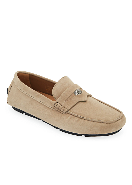 Versace Men's Medusa Coin Penny Driving Loafer in Light Sand Rutenio Size 42.5