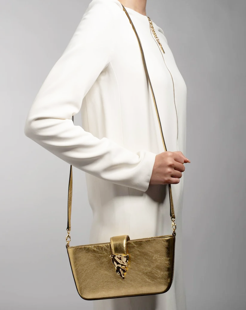 Alexis Bittar The Crumple Convertible Crossbody Bag in Gold Leather (MSRP $395)