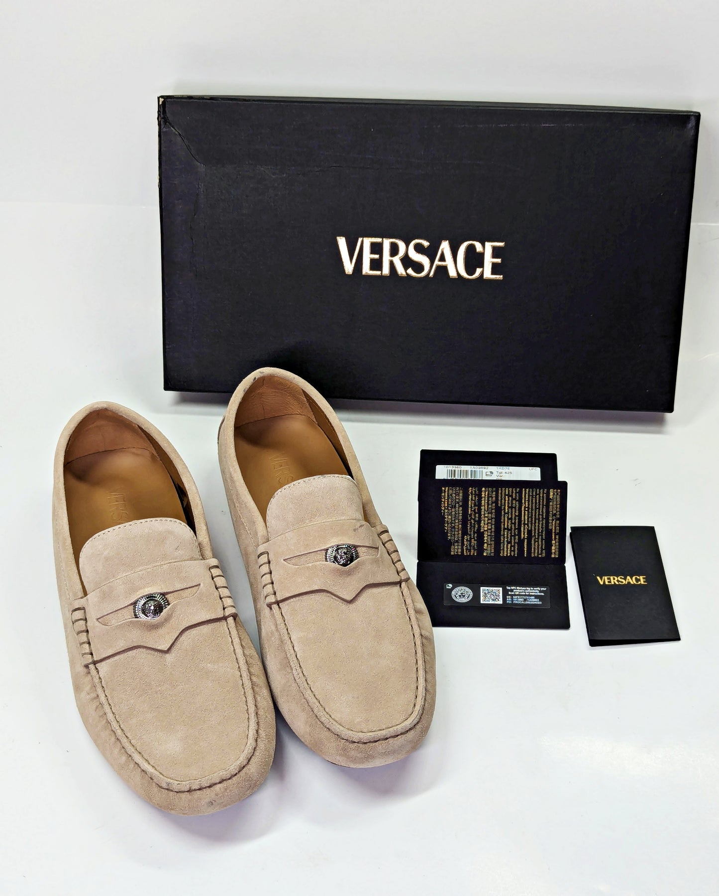 Versace Men's Medusa Coin Penny Driving Loafer in Light Sand Rutenio Size 42.5