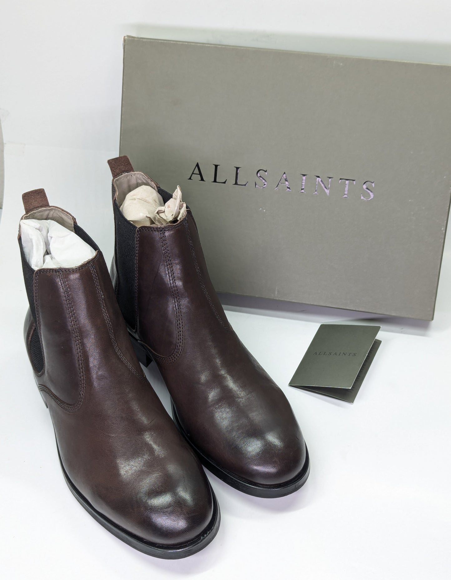 AllSaints Men's Gus Pull On Chelsea Boots Brown Distressed Leather Size 45
