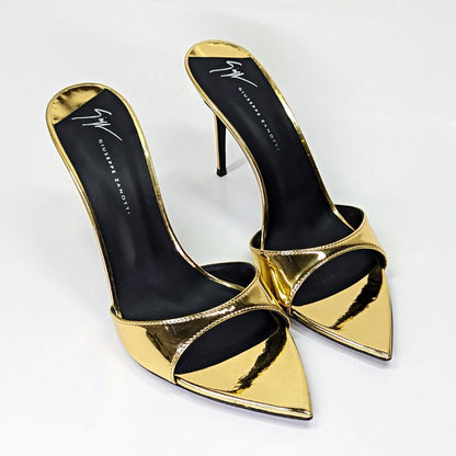 Giuseppe Zanotti Intrigo 90mm Gold Patent Mule Sandals Size 41 (MSRP $795)