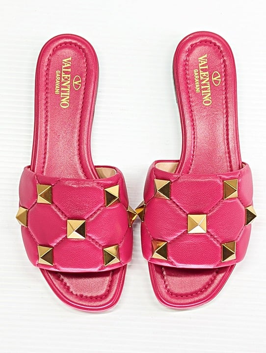 Valentino Garavani Roman Pink & Gold Stud Slide Sandals Size 36 IT (MSRP $920)