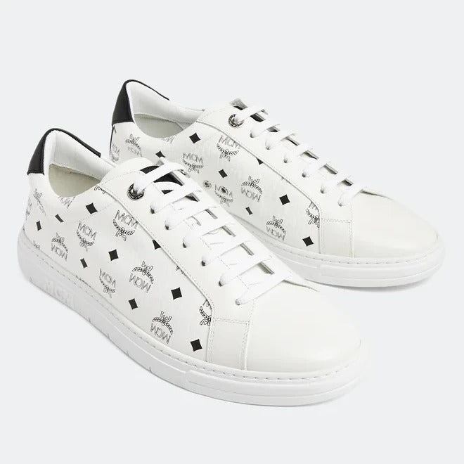 MCM Men's Terrain Derby Visetos Logo White Leather Sneaker Size 46 (MSRP $450)