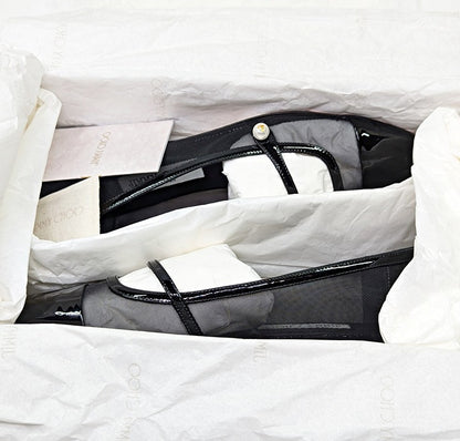 Jimmy Choo Elisa Women's Ballet Flats Patent and Mesh Black Size 38 (MSRP $795)