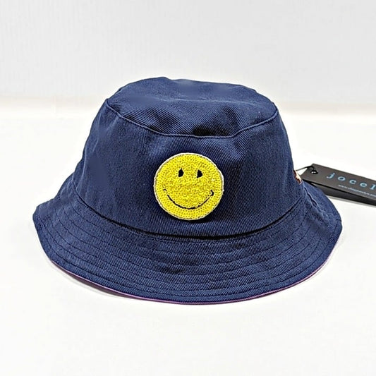 Jocelyn Women's Sequined Smiley Patch Bucket Hat in Navy O/S (MSRP $65)