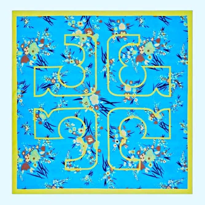 Tory Burch Women's Blue Drip Bouquet Logo Silk Square Scarf O/S (MSRP $228)