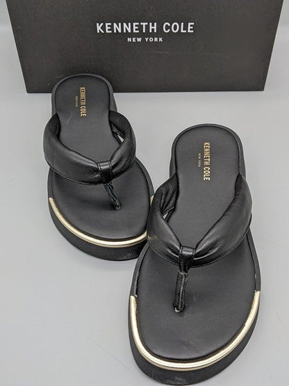 KENNETH COLE NEW YORK ATHENS TONG BLACK LEATHER FLATFORM SANDALS Size 7.5