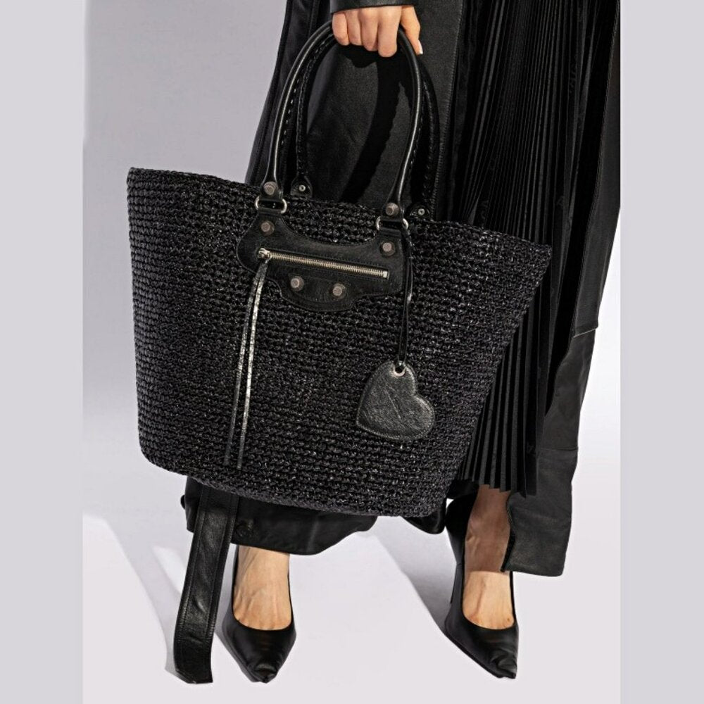 Balenciaga Women's Large Le Cagole Panier Black Raffia Tote Bag (MSRP $1,750)