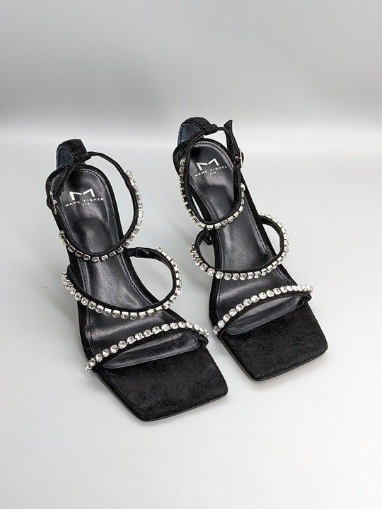 Marc Fisher Dezzi Rhinestone Ankle Strap Sandal Black Size 6.5 M (MSRP $150)