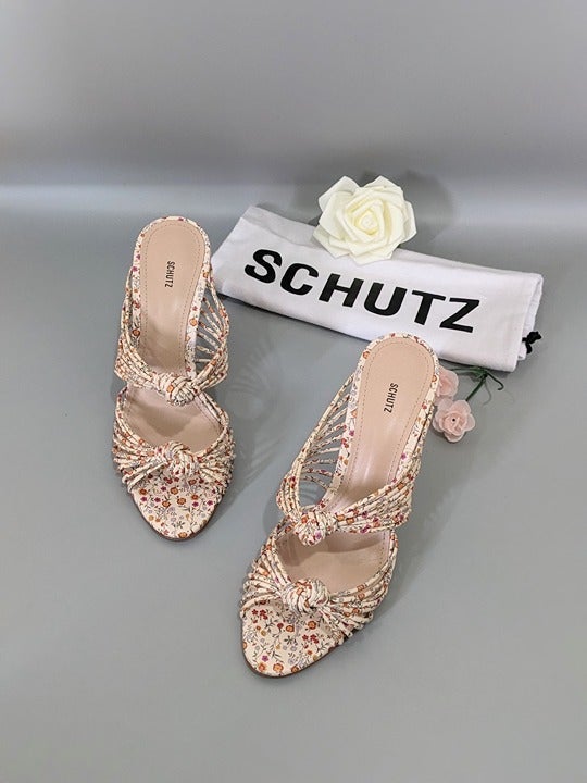 SCHUTZ Chandra Women's Leather Floral Print Slides Heels Size 8 M