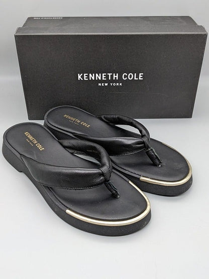 KENNETH COLE NEW YORK ATHENS TONG BLACK LEATHER FLATFORM SANDALS Size 7.5