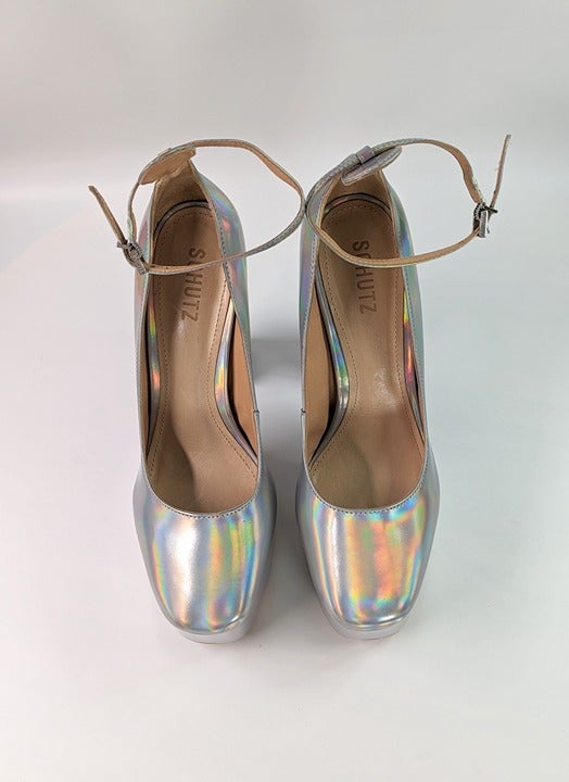 Schutz Renee Women's Ankle Strap Platform Pump Hologram Size 8.5 B (MSRP $158)