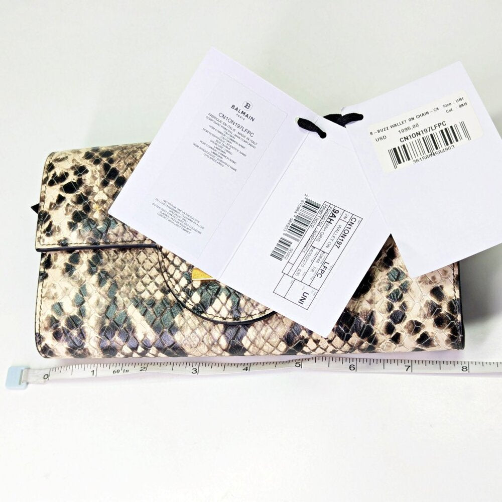 Balmain B-Buzz Snakeskin-Embossed Leather Gold Chain Clutch Wallet (MSRP $1,095)