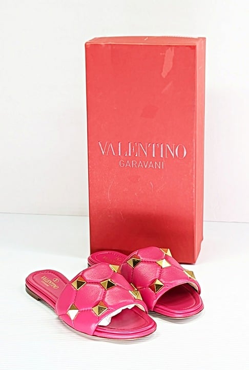 Valentino Garavani Roman Pink & Gold Stud Slide Sandals Size 36 IT (MSRP $920)