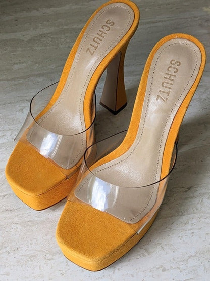 Schutz Haila Women's Vinyl Suede Platform Sandals Bright Sun Size 8 B (MSRP $118)