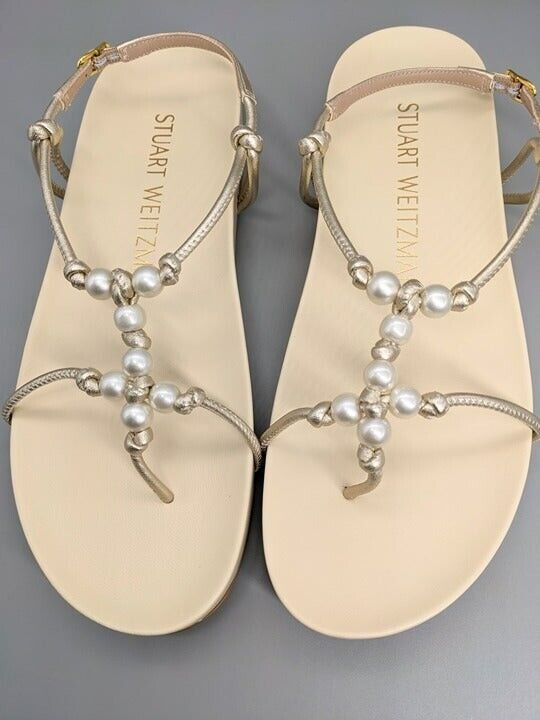 STUART WEITZMAN Pearl Knot Metallic Leather Flat Sandals Size 6.5 MSRP $395