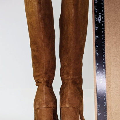 AQUA Women's Leigh Square Toe High Heel Boots Brown Goring Size 9 (MSRP $228)