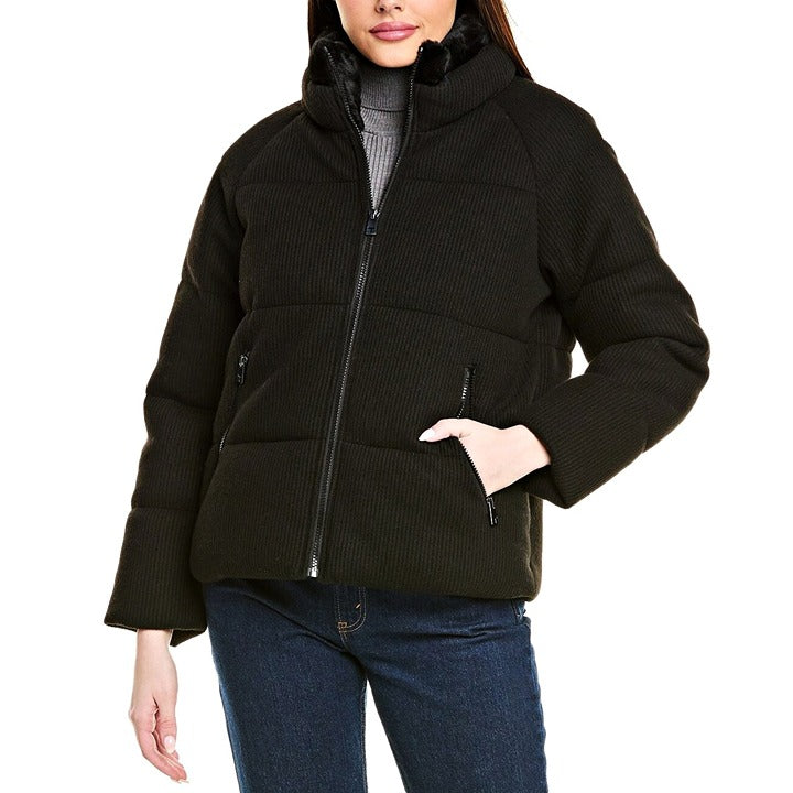Tahari Women's Black Knit Faux-Fur-Collar Puffer Coat Size M (MSRP $280)