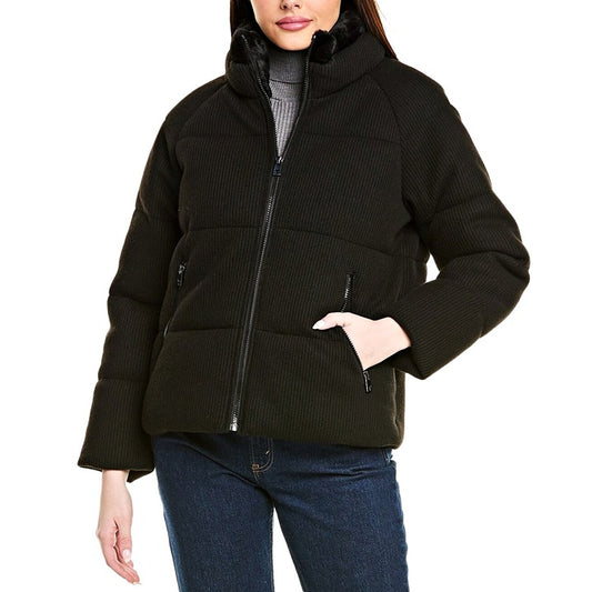 Tahari Women's Black Knit Faux-Fur-Collar Puffer Coat Size M (MSRP $280)
