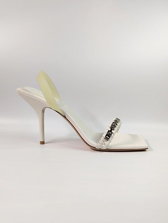 Givenchy Chain Embellished G Woven Ivory Leather Heel Sandals Size 41 MSRP $925