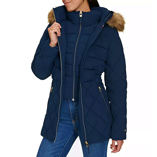 Tommy Hilfiger Women's Bibbed Hooded Puffer Coat Navy Size M (MSRP $265)