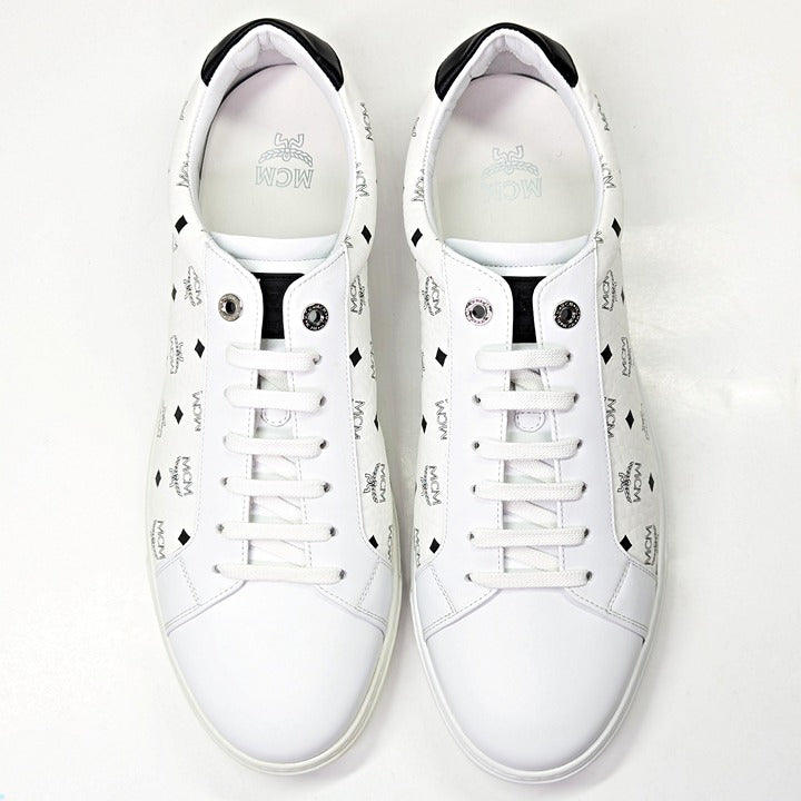 MCM Men's Terrain Derby Visetos Logo White Leather Sneaker Size 46 (MSRP $450)