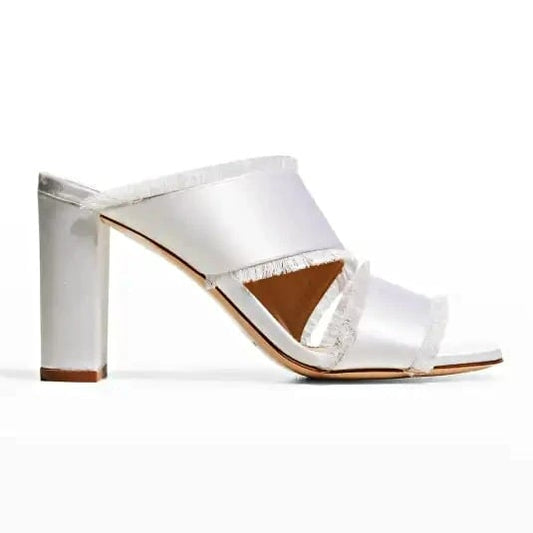 Marion Parke Cecilia Women's White Satin Fringe Heel Sandals Size 40 (MSRP $575)
