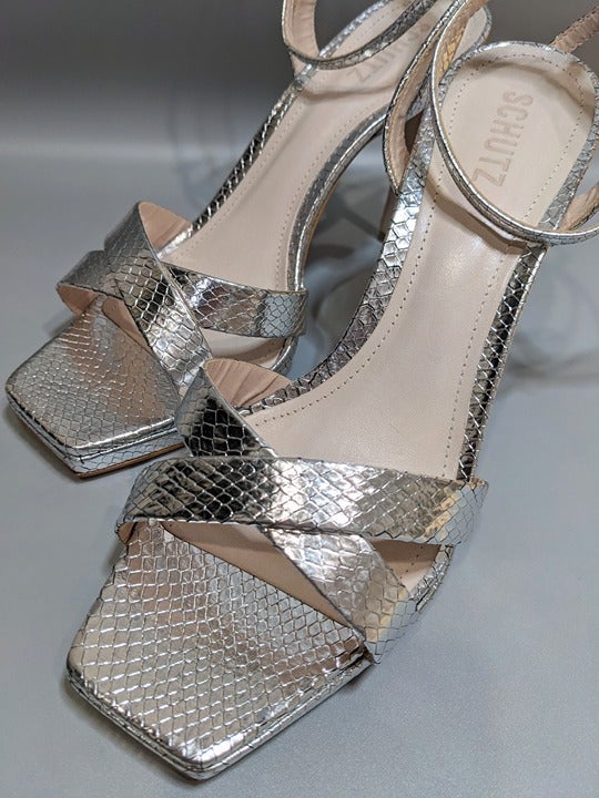 Schutz Women's Ava Rose Leather Slingback Sandals Silver Size 10 (MSRP $185)