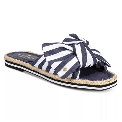 Kate Spade Women's Caliana Navy Striped Bow Flat Sandals Size 8.5 MSRP $138