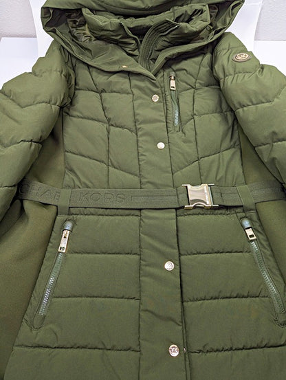Michael Kors Women's Plus Size Belted Olive Hooded Puffer Coat Size 1X MSRP $350