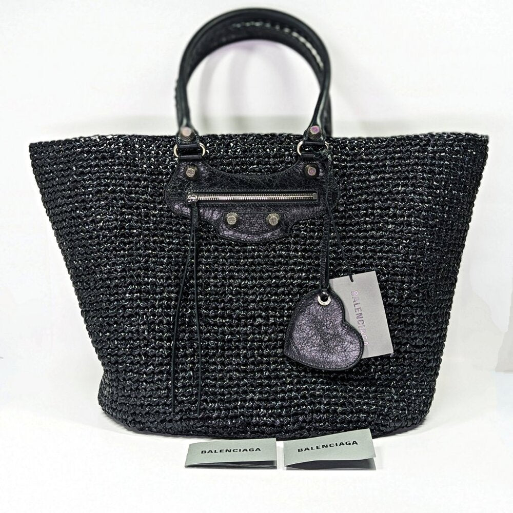 Balenciaga Women's Large Le Cagole Panier Black Raffia Tote Bag (MSRP $1,750)