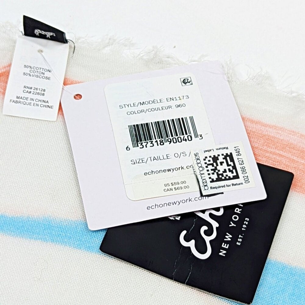 Echo Women's Multi Color Stripe Cotton & Viscose Scarf 40" x 72" (MSRP $69)