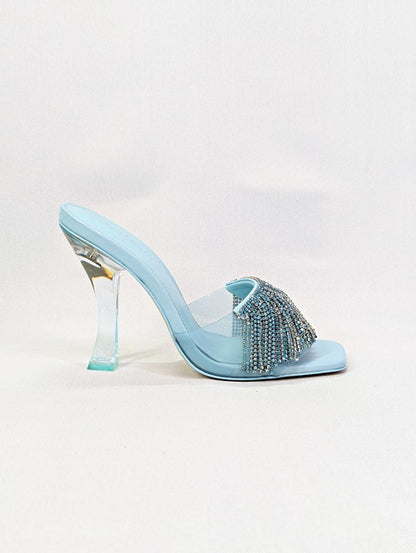Cult Gaia Lana Pale Sky Sandals with Rhinestone Fringe Size 36 (MSRP $568)