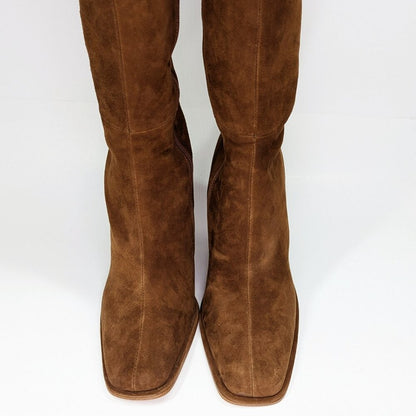 AQUA Women's Leigh Square Toe High Heel Boots Brown Goring Size 9 (MSRP $228)