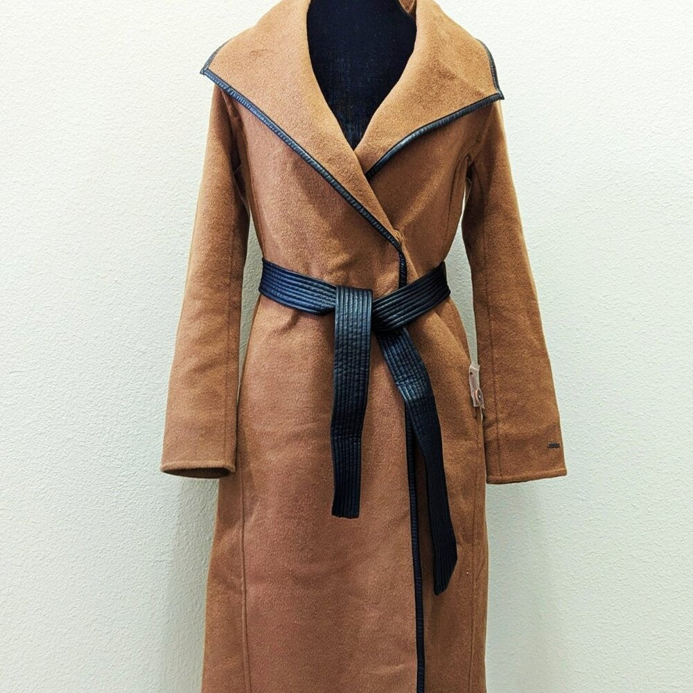 Tahari Women's Faux-Leather-Trim Removable Belted Wrap Coat Size XXS (MSRP $380)