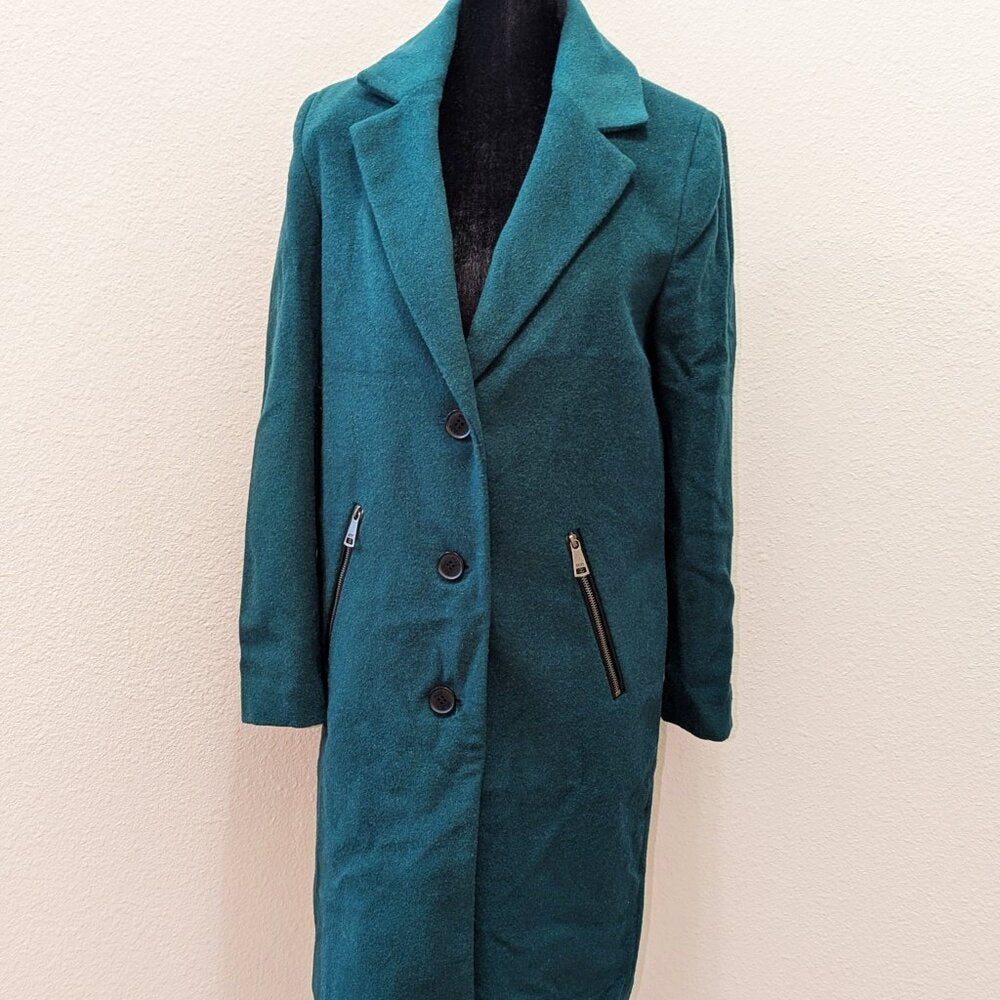 DKNY Women's Button-Front Zip-Pocket Walker Coat Green Size XXS (MSRP $360)